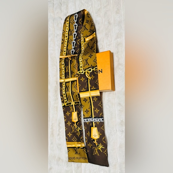 Louis Vuitton Accessories - Louis Vuitton Monogram Brown and Gold 100 percent Silk Scarf